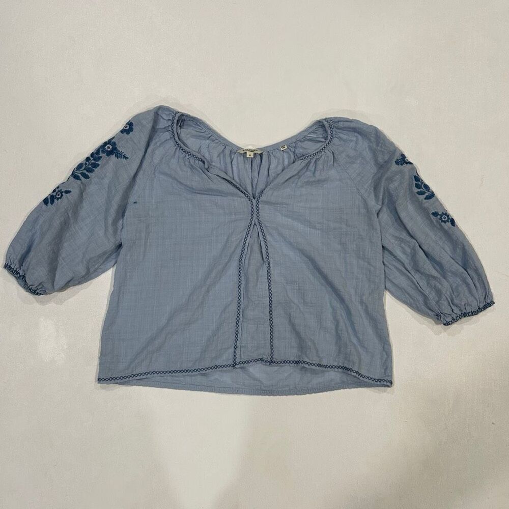 Max Studio London Blue Embroidered Peasant Blouse Women’s Size M